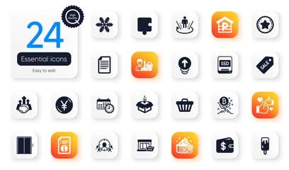 Set of Business flat icons. Marketplace, Puzzle and Ice cream elements for web application. Swipe up, Augmented reality, Sale ticket icons. Like, Ssd, Technical info elements. Parking. Vector
