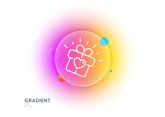 Love gift line icon. Gradient blur button with glassmorphism. Heart present box sign. Dating profile symbol. Transparent glass design. Love gift line icon. Vector