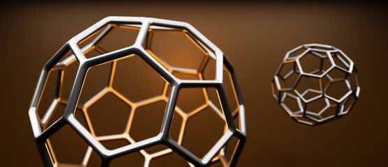 Obraz premium Buckminsterfullerene C60 Molecule model, allotrope of fullerene carbon atoms, round sphere with hexagonal rings or mesh, molecular 3D illustration