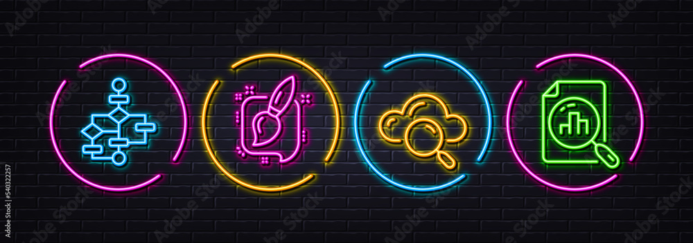 Poster cloud computing, painting brush and block diagram minimal line icons. neon laser 3d lights. analytic