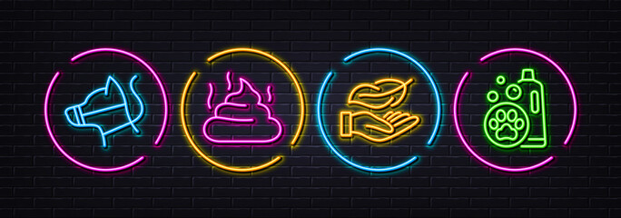 Feces, Dog leash and Lightweight minimal line icons. Neon laser 3d lights. Pet shampoo icons. For web, application, printing. Excrement, Dog muzzle, Feather nib. Cleaning shampoo. Vector