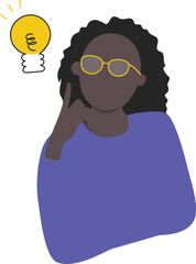Concept illustration of Young Black Woman Thinking With Light Bulb