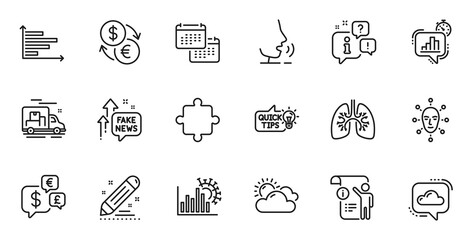 Outline set of Puzzle, Manual doc and Cloud communication line icons for web application. Talk, information, delivery truck outline icon. Vector
