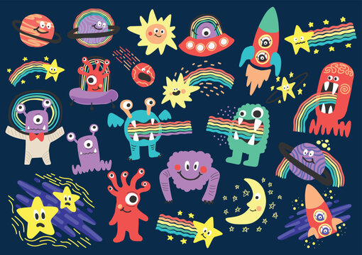 cute character space aliens stars and planets vector