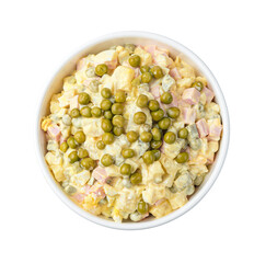 The traditional olivier salad with vegetables and peas is isolated on a white background. Top view, close-up.