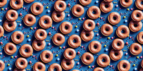 Top view of various decorated doughnuts on a blue background
