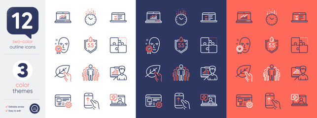 Set of Ph neutral, Online statistics and Organic tested line icons. Include Medical help, Puzzle, Time icons. Web lectures, Presentation board, Group web elements. Face verified. Vector