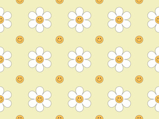 Vector groovy seamless pattern with funny happy daisy. Trendy daisy smile yellow color pastel pattern	
