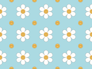 Vector groovy seamless pattern with funny happy daisy. Trendy daisy smile light blue color pastel chamomile pattern	
