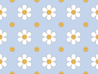 Vector groovy seamless pattern with funny happy daisy. Trendy daisy smile light blue color pastel pattern
