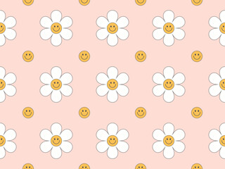 Pink Vector seamless daisy trendy pattern Groovy style smile flower botanical pastel pattern vector design for fabric, wallpaper and all prints white background color. Cute pattern Small chamomile