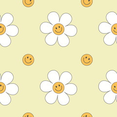 Vector groovy seamless pattern with funny happy daisy. Trendy daisy smile yellow color pastel pattern 
