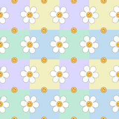 Vector groovy seamless pattern with funny happy daisy. Trendy daisy smile pastel colors yellow blue green purple checkered pattern esign for fabric, wallpaper and all prints