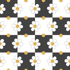Vector groovy seamless pattern with funny happy daisy. Trendy daisy smile black and white 
checkered pattern 