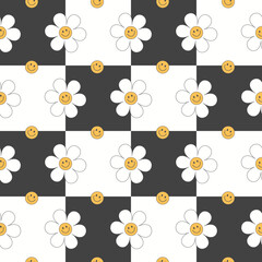 Vector groovy seamless pattern with funny happy daisy. Trendy daisy smile black and white 
checkered pattern 