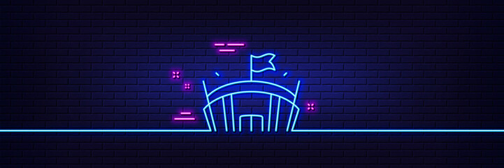 Neon light glow effect. Sports stadium line icon. Arena with flag sign. Sport complex symbol. 3d line neon glow icon. Brick wall banner. Arena outline. Vector