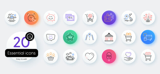 Simple set of Fireworks stars, Heart and Buyers line icons. Include Road, Smile face, Puzzle icons. Account, Shopping rating, Alarm web elements. New star, Hold heart, Shopping cart. Vector