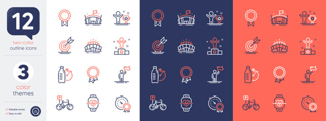 Set of Leadership, Arena and Reward line icons. Include Arena stadium, Best result, Fitness water icons. Target goal, Winner cup, Success web elements. Bicycle parking, Winner, Cardio training. Vector