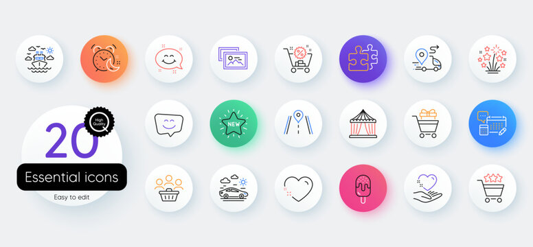 Simple set of Fireworks stars, Heart and Buyers line icons. Include Road, Smile face, Puzzle icons. Account, Shopping rating, Alarm web elements. New star, Hold heart, Shopping cart. Vector