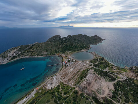 Knidos ancient city aerial view with cloudy sky