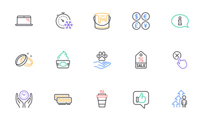 Pets care, Freezing timer and Employee result line icons for website, printing. Collection of Wedding rings, Like, Paint icons. Sale coupon, Takeaway, Laptop web elements. Ram. Vector