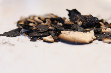 Burnt cookie crusts on the table