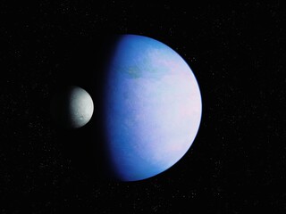 Large moon of the planet. Blue planet has a satellite 3d illustration.