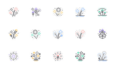 Firework salute line icons set. Carnival celebration, festival lights and christmas explosive pyrotechnic. New year firework set icons. Flash rocket, pyrotechnic effects, christmas salute. Vector