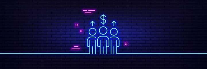 Neon light glow effect. Meeting line icon. Business teamwork sign. Group of people symbol. 3d line neon glow icon. Brick wall banner. Meeting outline. Vector