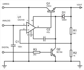 Vector electrical schematic diagram analog-to-digital converter. A simple electrical circuit on paper.