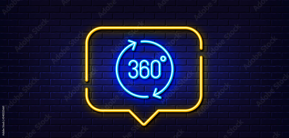 Poster neon light speech bubble. 360 degrees line icon. vr simulation sign. panoramic view symbol. neon lig