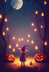 Cute little witch walking outside with a full moon, surrounded by pumpkins and candles