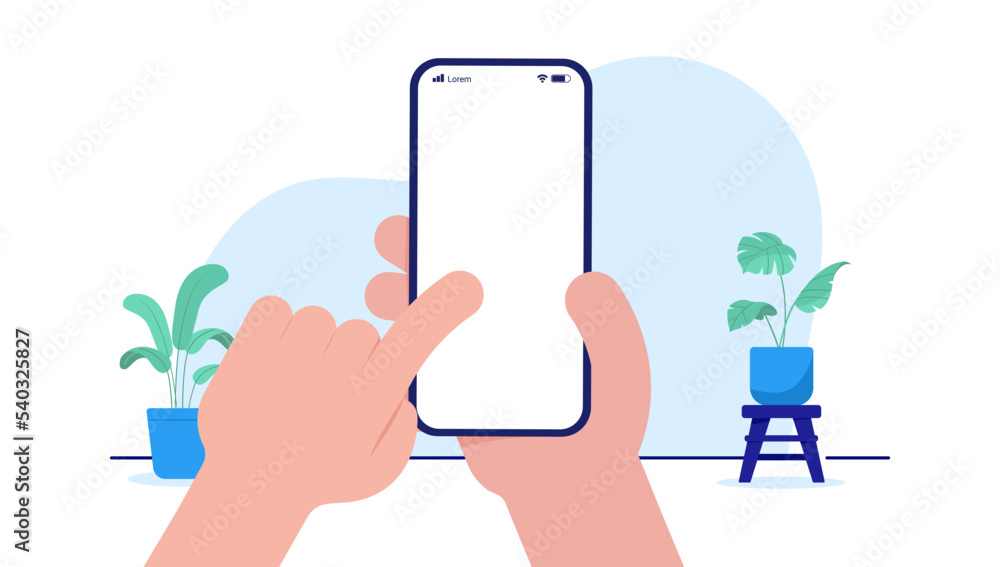 Fototapete Using phone - Vector illustration of hand holding mobile phone and finger on touchscreen. Template mockup with blank empty screen. Flat design with white background
