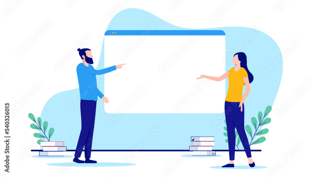 Poster People with blank website to insert text or design. Presentation mockup in flat design vector with white background