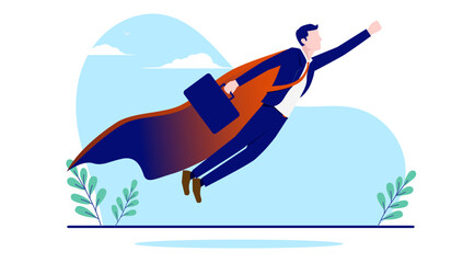 Business superhero flat design - Vector illustration of confident businessman flying with cape and briefcase upwards on white background