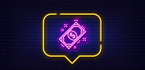 Neon light speech bubble. Payment line icon. Dollar exchange sign. Finance symbol. Neon light background. Payment glow line. Brick wall banner. Vector