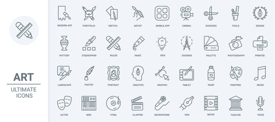 Art design thin black line icons set vector illustration. Abstract outline symbols of modern artists portfolio, education tools and graphic technology for creative photography, painting and music