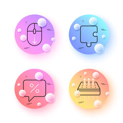 Discount message, Puzzle and Scroll down minimal line icons. 3d spheres or balls buttons. Breathable mattress icons. For web, application, printing. Special offer, Puzzle piece, Mouse swipe. Vector