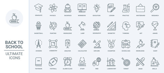 Naklejka na ściany i meble Education thin line icons set vector illustration. Abstract outline pictogram collection to study science in school and university, physics and chemistry lessons, champion award for students and books