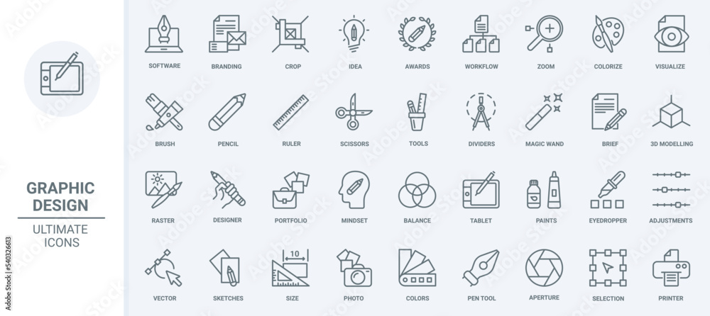 Poster graphic design thin line icons set vector illustration. outline software and tools to visualize desi