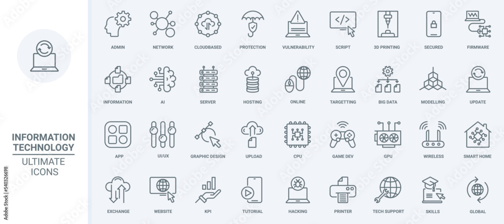 Aufkleber Data technology, information thin line icons set vector illustration. Outline digital protection and online network, 3d printing and modeling, smart home and interface symbols for mobile apps