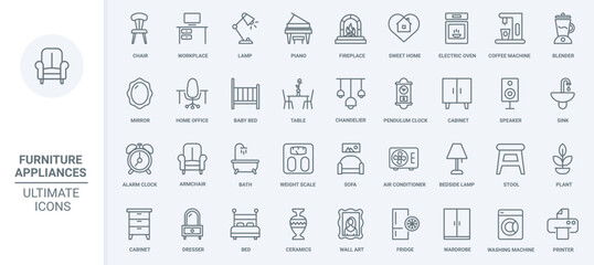 Obraz na płótnie Canvas Home furniture, kitchen electric appliances, domestic equipment and modern household devices thin line icons set vector illustration. Outline coffee and washing machine, chair and table for workplace