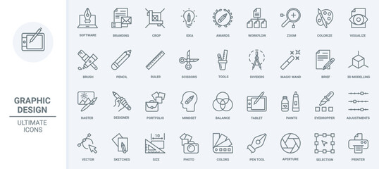 Graphic design thin line icons set vector illustration. Outline software and tools to visualize designers portfolio and creative ideas and projects, ruler and magic brush, scissors crop size and pen