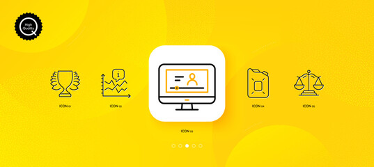 Fototapeta na wymiar Chart, Online video and Winner minimal line icons. Yellow abstract background. Justice scales, Canister oil icons. For web, application, printing. Rise data, Video exam, Sports achievement. Vector
