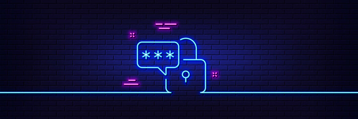 Neon light glow effect. Lock line icon. Padlock password sign. Security access pass symbol. 3d line neon glow icon. Brick wall banner. Lock outline. Vector
