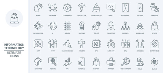 Obraz na płótnie Canvas Data technology, information thin line icons set vector illustration. Outline digital protection and online network, 3d printing and modeling, smart home and interface symbols for mobile apps