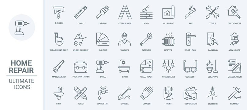 Home repair and decoration thin line icons set vector illustration. Outline house renovation pictogram collection with wall paint roller, brush and hammer, level and drill tools for builders work