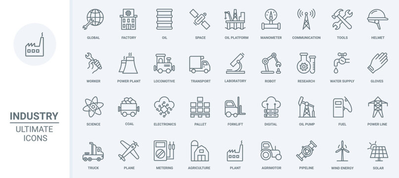 Industry thin line icons set vector illustration. Outline oil and gas energy production, chemical manufacture and refinery factory, agriculture transport and solar panel, global laboratory research