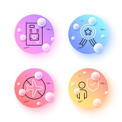 Coffee vending, Winner ribbon and Security minimal line icons. 3d spheres or balls buttons. Flight mode icons. For web, application, printing. Coffee vending machine, Best award, Body guard. Vector