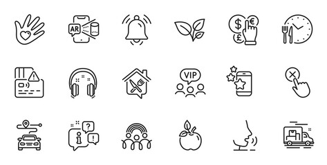 Outline set of Vip clients, Augmented reality and Best app line icons for web application. Talk, information, delivery truck outline icon. Include Card, Money currency, Notification bell icons. Vector